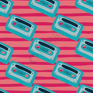 蓝调无缝模式配有磁带手画印粉色脱衣背景时态化80s音乐艺术作品适用于壁纸纺织包装物印刷矢量图解蓝调无缝模式配有磁带手印时态化80图片