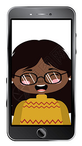智能手机屏幕上的美国女孩卡通在线聊天远程技术概念图片