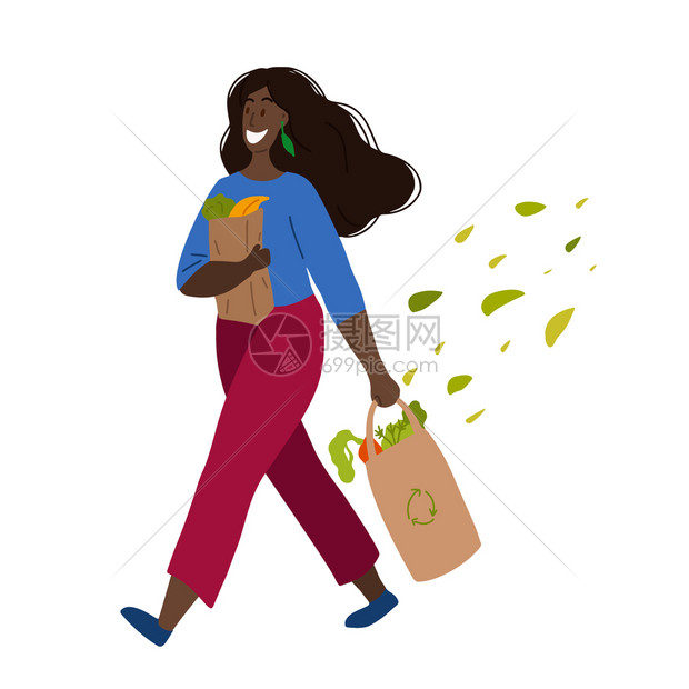 购买食物和蔬菜素主义和零浪费生活方式张明信片横幅和你的创造力矢量平板图用手和叶子买东西的非洲快乐妇女矢量平板图素食主义和零浪费生图片