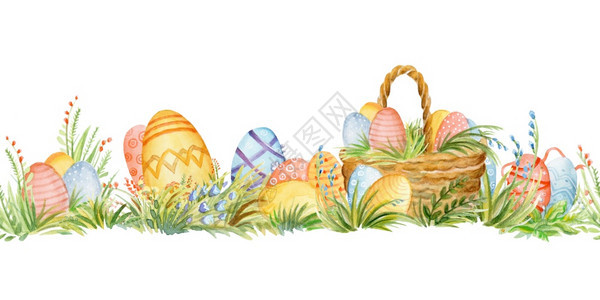 水彩色边框有篮子和以白色背景隔离的东蛋用于装饰印刷壁纸组织剪布包装纸图片