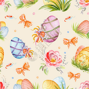 水彩色图案东蛋丝带和鲜花与阳光背景隔绝用于装饰印刷壁纸组织剪布包装纸水彩色图案与东兔日照无缝图片