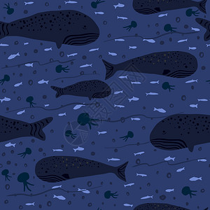 海洋无缝图案包括珊瑚礁和鲸鱼海动物杂草印在蓝色背景上图片