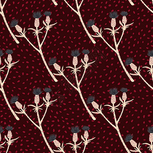 暗无缝的植物图案包括浅粉色圆顶枝红点的黑褐色背景适用于壁纸纺织品包装纸物印刷品矢量说明暗无缝的植物图案粉红圆顶枝的光色红点的黑褐图片