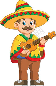 戴着帽的墨西哥音乐家拿着吉他高清图片