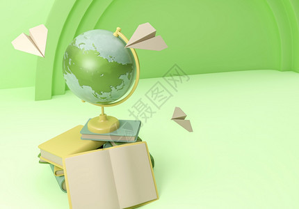 3个插图学校用品和具有地球的物品返回学校教育概念图片
