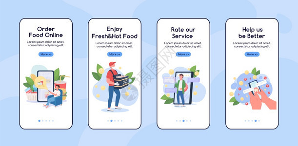 在线购物手机应用程序屏幕平板矢量模远程食物拆卸边远徒步走过带有字符的网页步骤uxig智能手机卡通界面案件指纹集手机应用程序屏幕平图片
