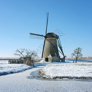 蓝色天空下霍兰的雪地风车有树木和冷冻的运河图片