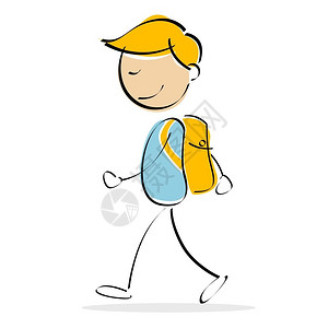 说明儿童在携带书包时步行的矢量儿童图片