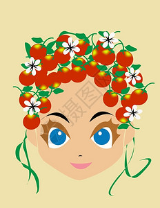 女孩的头发上插有鲜花和水果的表情说明背景图片