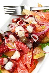 腿排和番茄带有番茄橄榄和红洋葱的章鱼沙拉背景
