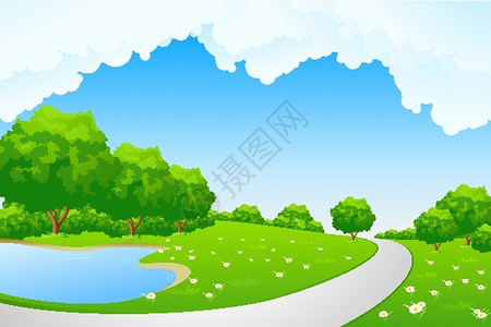 卡通绿色小清新乡村景观插画图片