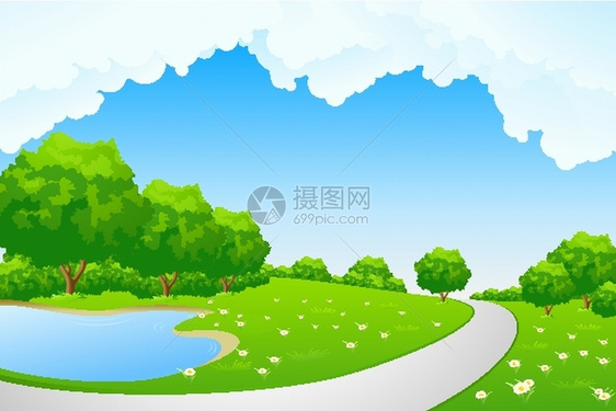 卡通绿色小清新乡村景观插画图片