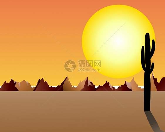 日落背景下的沙漠和岩石矢量图图片