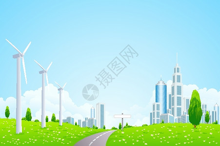 绿色景观风电站和现代城市图片