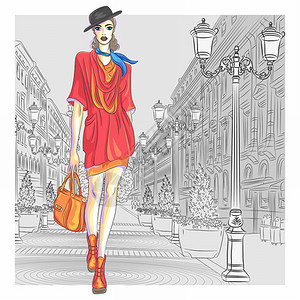 穿着帽子的迷人时装女孩带着包的素描风格前往圣彼得堡图片