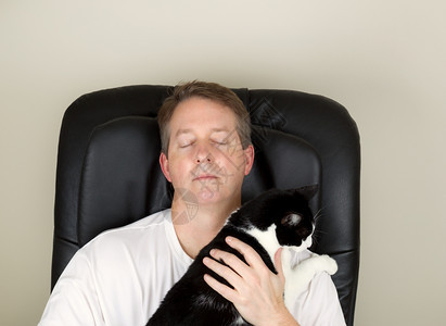 照片显示成年男子穿着白衬衫在按摩椅上放松眼睛闭着手握黑白家庭猫背景图片