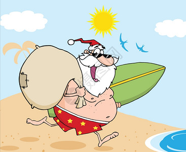 穿短裤的圣诞老人带着冲浪板和钱袋图片