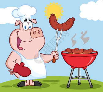 在草地上烧烤快乐的猪厨师图片