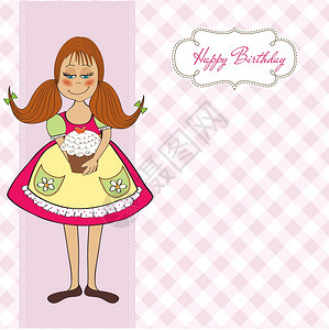 带生日蛋糕矢量插图的搞笑女孩图片