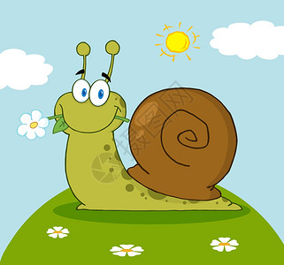 卡通可爱草地上嘴里叼着鲜花的蜗牛图片素材