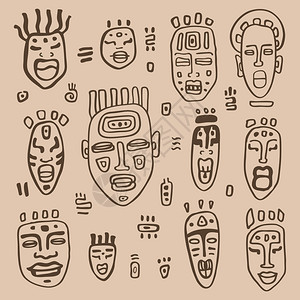 非洲面具集民族手绘矢量图图片