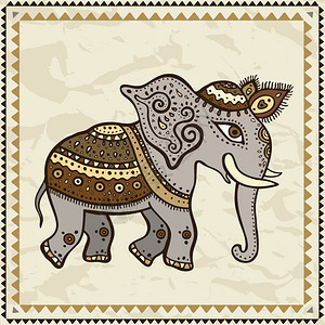 族裔大象手工绘制的矢量图破碎纸面背景印度风格图片