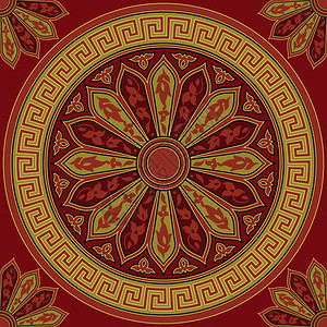 传统无缝古金圆希腊装饰品Meander和红色背景的花粉模式图片