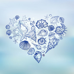 水蓝色创意漂浮元素卡通心形贝壳海螺元素插画