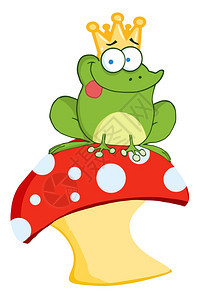站在蘑菇上的可爱的青蛙王子卡通矢量插图图片
