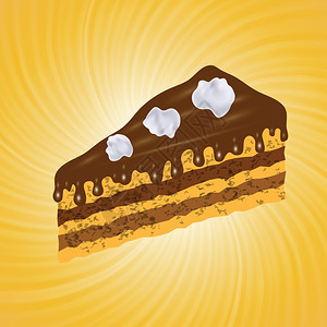 在橙色背景上用巧克力蛋糕一块做彩色插图用于设计图片