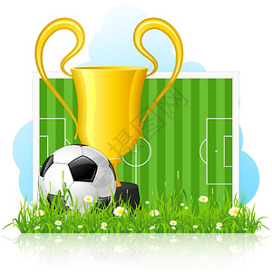 足球和绿草上的奖杯图片