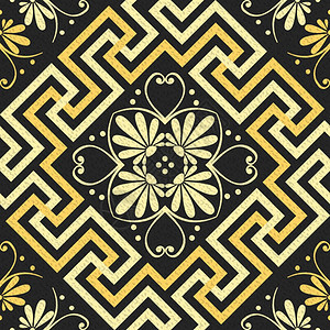 希腊传统古金装饰品Meander和黑色背景的花卉模式图片