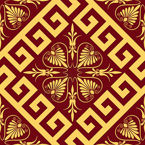 希腊传统古金方形装饰品Meander和红色背景的花模式图片