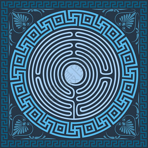 传统古蓝色广场和圆形希腊装饰品Meander迷宫和花式图片
