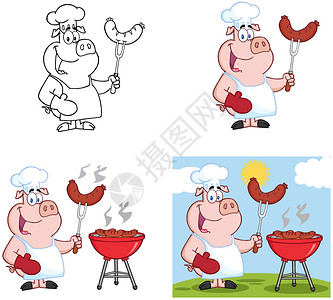 卡通可爱烧烤香肠的猪厨师图片