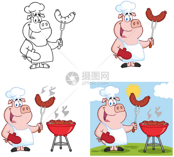 卡通可爱烧烤香肠的猪厨师图片