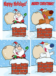 从烟囱中钻出来的圣诞老人漫画矢量插图图片