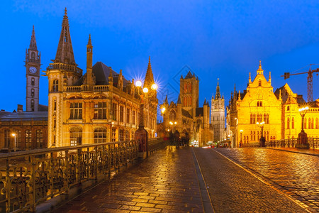 图片中世纪建筑和圣迈克尔39比利时根特日落桥背景图片