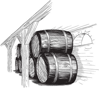 手绘黑白复古风酒窖里的木桶图片