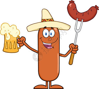 享受墨西哥香肠加卡通拥有啤酒和腊肠在一个叉子上图片