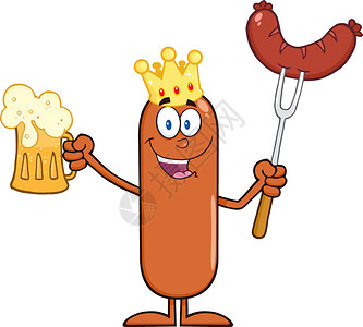 快乐的国王香肠卡通拥有啤酒和腊肠在一个叉子上图片