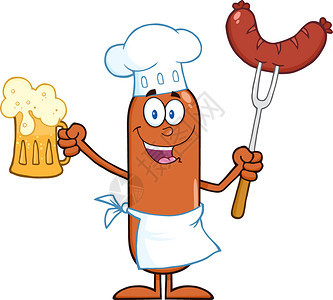 快乐的厨师香肠卡通字符持有啤酒和腊肠在叉子上高清图片