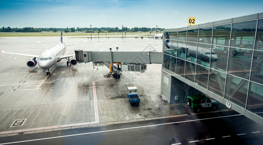 大客机停在机场候楼登门旁边高清图片
