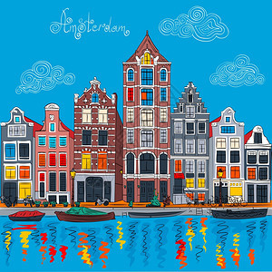荷兰阿姆斯特丹运河市风景典型的荷兰码头房屋和船只图片