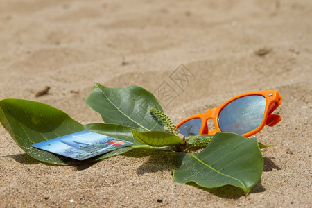 印度果阿橙色太阳眼镜和纸牌沙滩上的印度果子图片