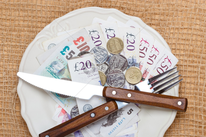 生活费用食品价格和用财富概念餐桌上的英国钱盘硬币和钞票图片