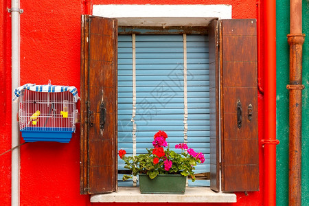 在著名的意大利威尼斯岛布拉诺的红墙上有鸟百叶窗和鲜花的鸟百叶窗和鲜花图片