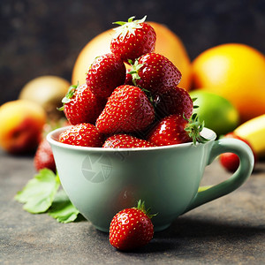草莓在杯子里新鲜水果在生锈背景图片