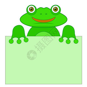绿青蛙持有关于白色背景的纸页图片