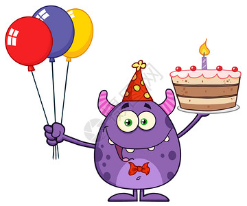 可爱的怪兽拿着多彩气球和生日蛋糕图片